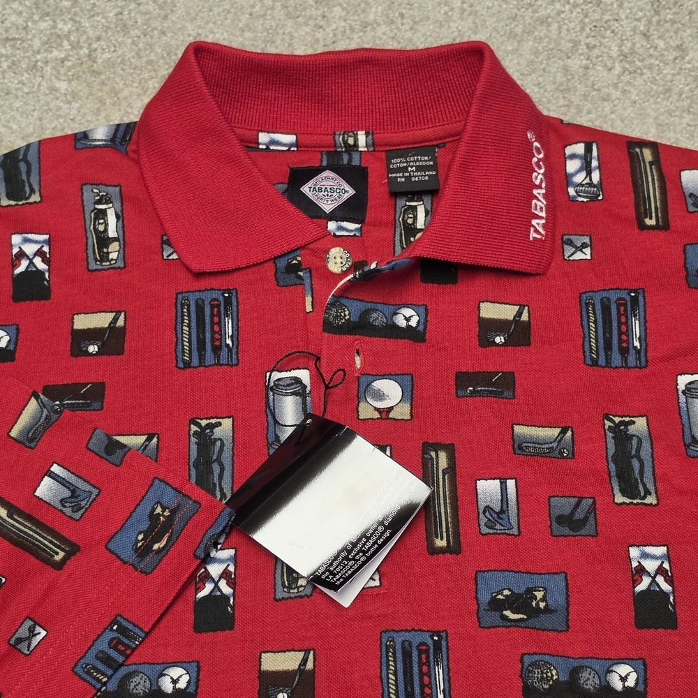 Vintage Tabasco Sportswear Cotton Golf Polo Shirt Mens M Red All Over Print New